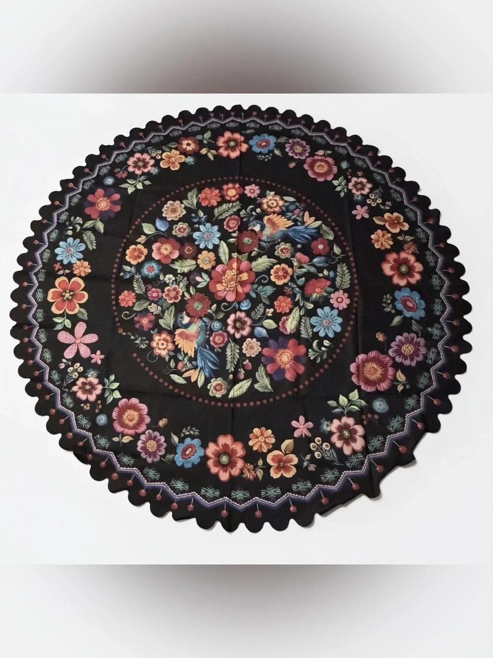 58”Round Black Floral Tablecloth with Multicolor Bloom Print